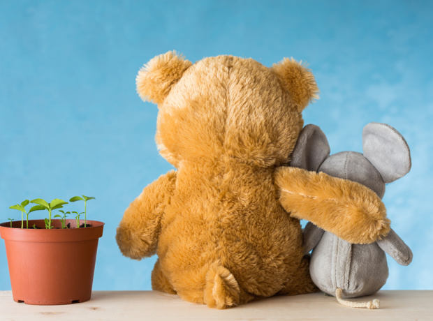 teddy with arms around toy mouse