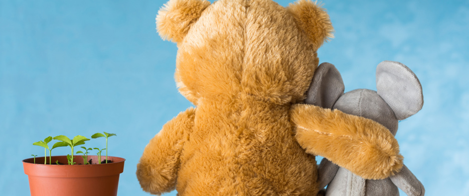 teddy with arms around toy mouse