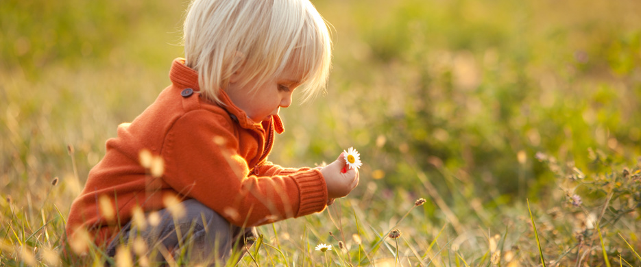 child kneeling in grass field