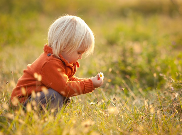 child kneeling in grass field