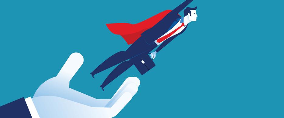 Graphic of a businessman flying out of a hand