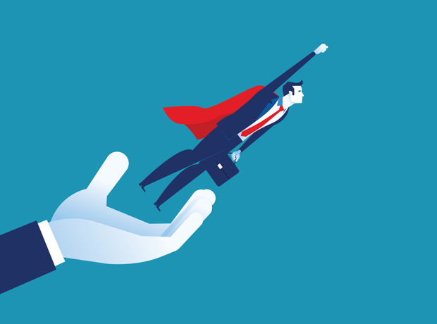 Graphic of a businessman flying out of a hand